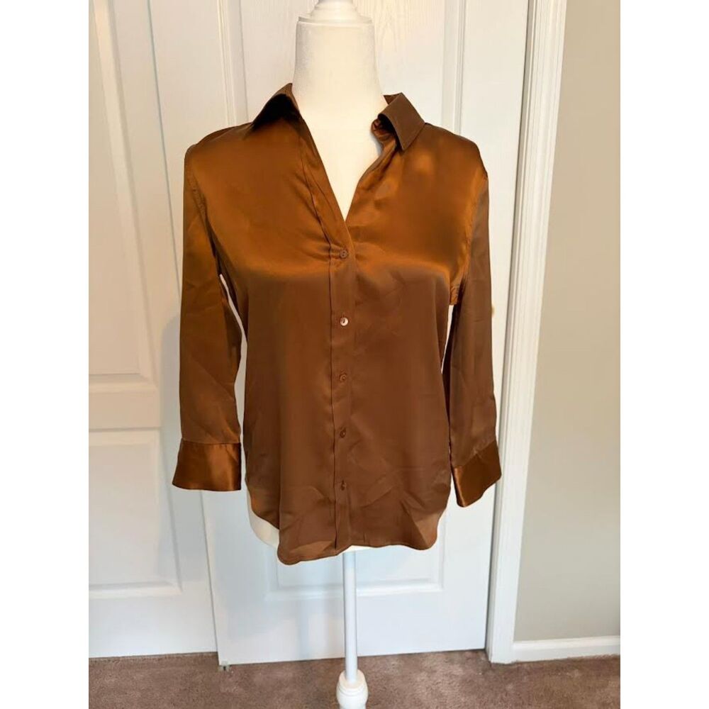 L'Agence Brown Dani 3/4 Sleeve Silk Blouse Button Down Women's XS